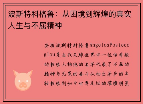 波斯特科格鲁:从困境到辉煌的真实人生与不屈精神 波斯特科格鲁:从困境到辉煌的真实人生与不屈精神